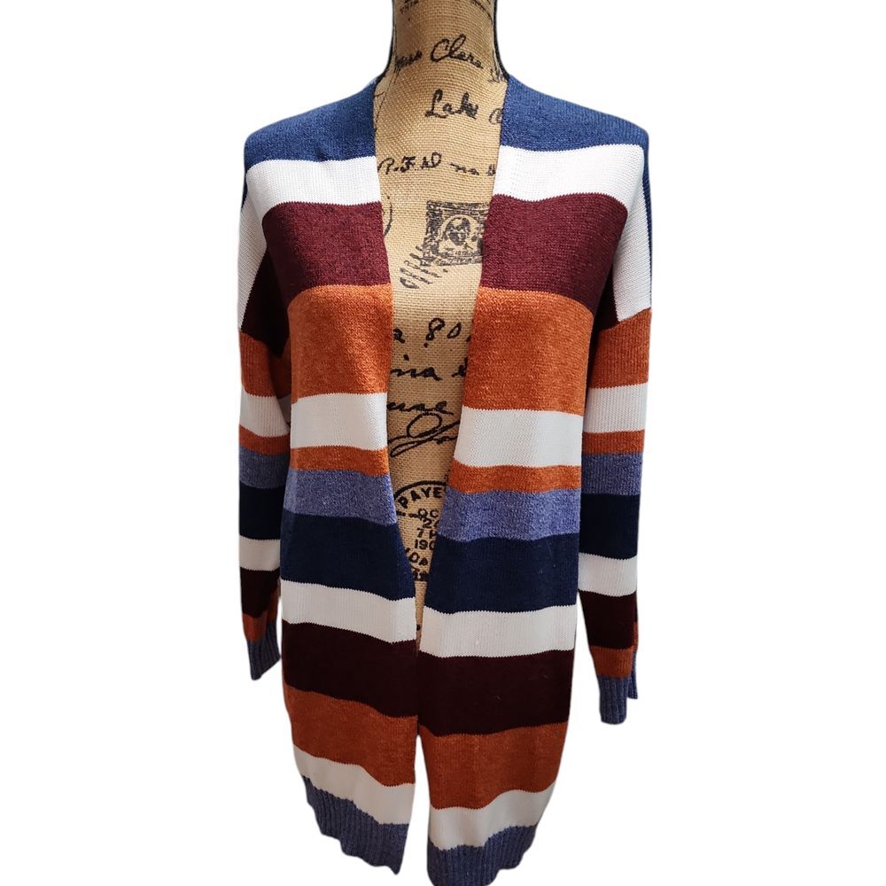 Ecowish Striped Open Front Cardigan Cozy Autumn Knit Sweater Women's Long Sleeve